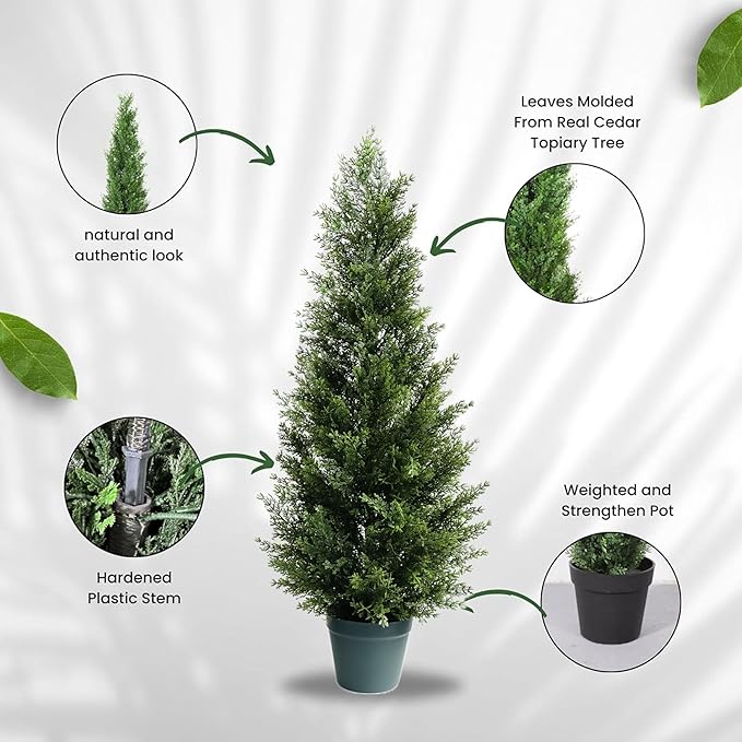 3FT Artificial Cedar Topiary Tree for Outdoor & Indoor Use – UV Rated Faux Cedar Tree in Planter, Fake Plants for Outdoor Planters & Indoor Decor, Ultra Realistic Artificial Shrubs (2 Pack)