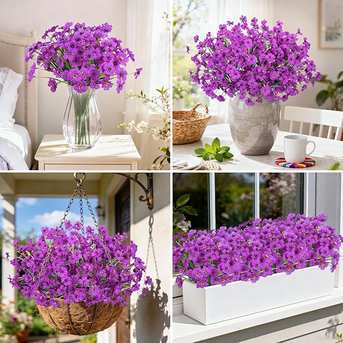 Ouddy Decor 24 Bundles Artificial Flowers for Outdoors Fake Silk Flowers UV Resistant Faux Plastic Plants for Indoor Outdoor Vase Box Garden Porch Window Box Home Spring Summer Decor, Purple
