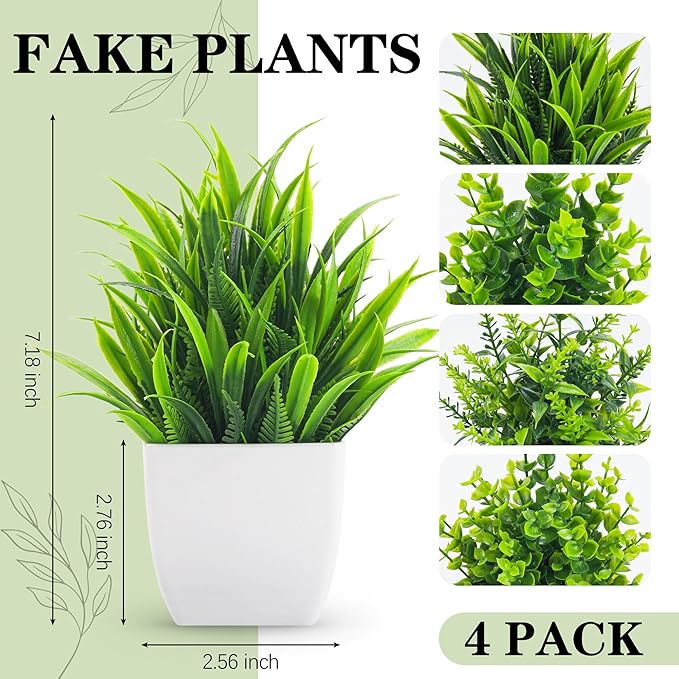 Der Rose 4 Pack Fake Plants Small Artificial Mini Faux Plants Indoor for Room Home Office Shelf Decor