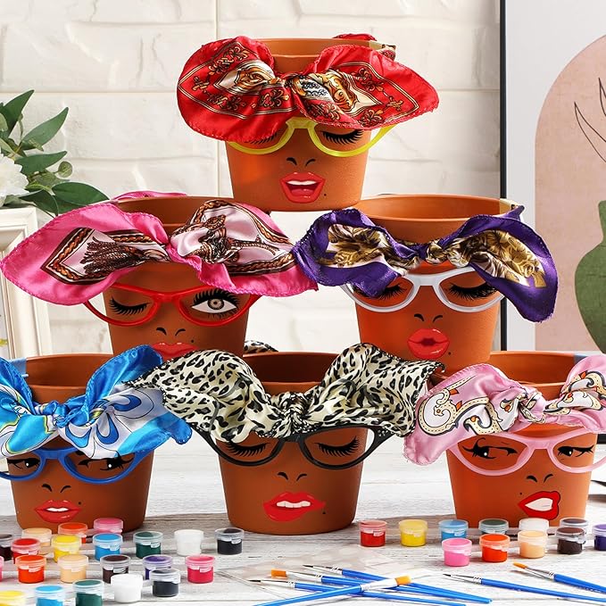 Sliner 6 Set Cute Face Flower Pot Head Planter Funny Plant Pots Painting Kit Include Glasses Silk Scarf Acrylic Paint Glasses Flower Sister Planter Easter Adults Art Painting Spring DIY Crafts