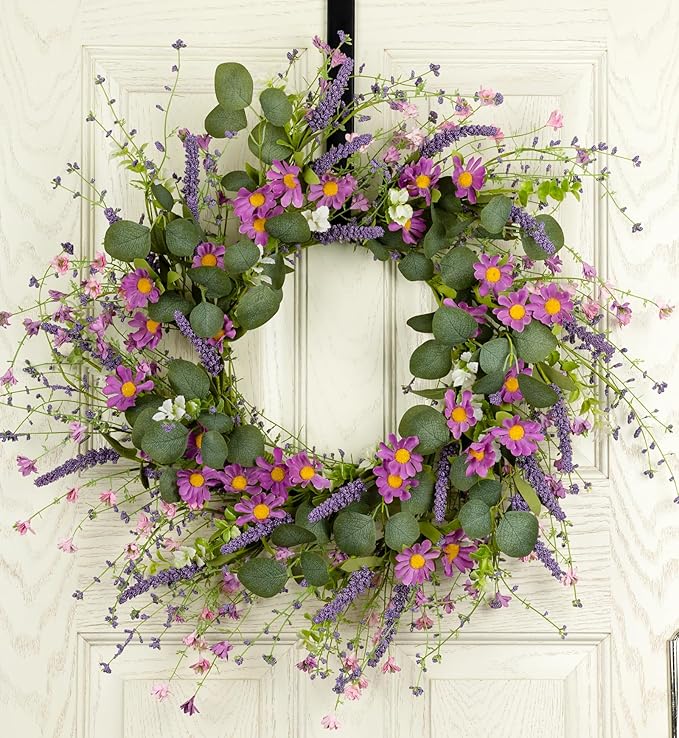 26" Spring Summer Wreaths for Front Door, Artificial Green Eucalyptus Lavender Purple Daisies Wildflower Berries Handmade Floral Year Round Indoor Outdoor Porch Home Decor