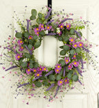 26" Spring Summer Wreaths for Front Door, Artificial Green Eucalyptus Lavender Purple Daisies Wildflower Berries Handmade Floral Year Round Indoor Outdoor Porch Home Decor