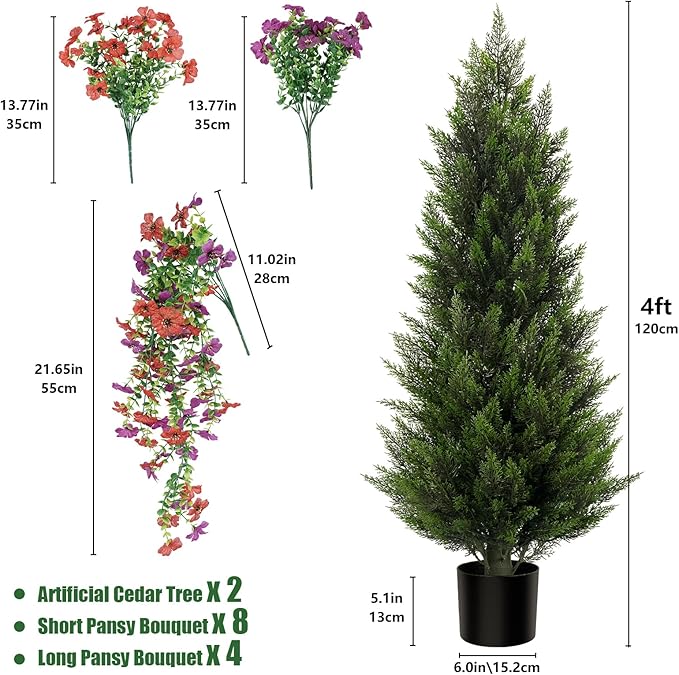 Artificial Topiary Cedar Trees 4FT Tall 2 Set with 12 Bundles Faux Silk Flowers, Outdoor Indoor Faux Pine Shrubs Plants, Fake Bushes Plants for Home Front Porch Door Patio