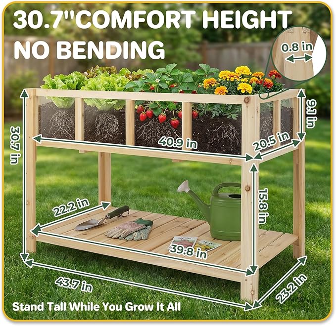 Raised Garden Bed Outdoor with Shelf, 43.7''x23.2''x30.7''Wood Planter Box with Transparent Window, Drainage Holes, Liner, Garden Beds Flower Stand for Balcony Kitchen, Gift for Gardening