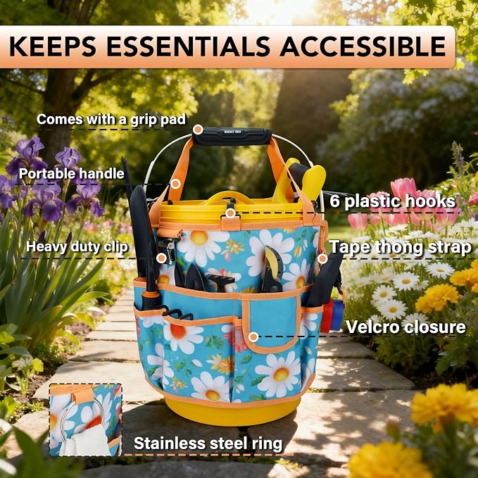 KUNN 5 Gallon Bucket Organizer 18-Pocket Tool Bag with Hangable Handle | Heavy-Duty Garden Caddy & Bucket Accessory for Gardening Tools, Orange
