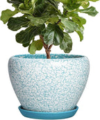 Ceramic Flower Pots - 10 Inch Ceramic Planter with Drainage Hole and Tray, Large Planters for Indoor Outdoor Plants, Decorative Planter, Living Room Decor, Plant Lover Gifts, Crackle Blue