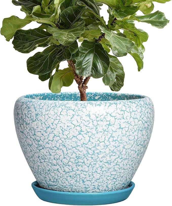 Ceramic Flower Pots - 10 Inch Ceramic Planter with Drainage Hole and Tray, Large Planters for Indoor Outdoor Plants, Decorative Planter, Living Room Decor, Plant Lover Gifts, Crackle Blue