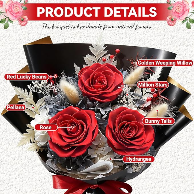 Preserved Flowers Bouquet, Flowers for Delivery,Handmade Red Rose Bouquets Lasting 3-5 Years, Luxury Gift Box,Birthday Flowers Gifts for Women Mom Grandma Wife Friends