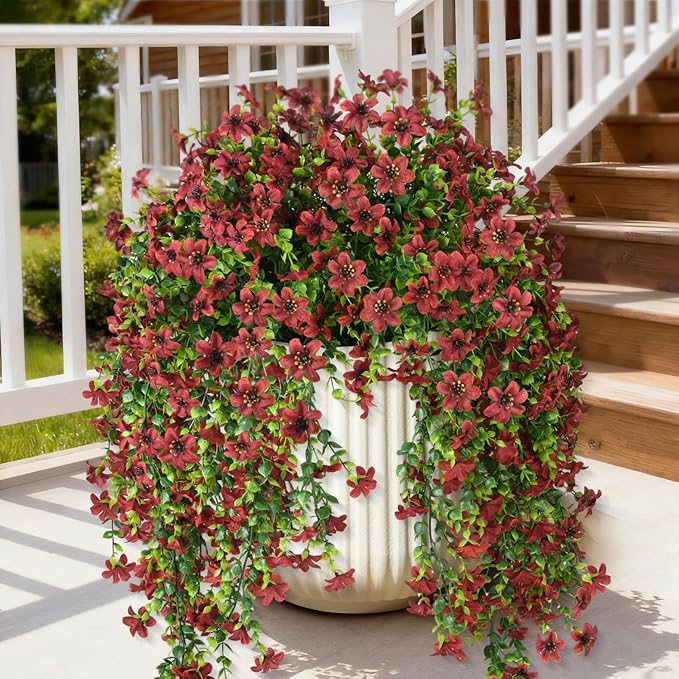 Artificial Fake Hanging Flowers Plants for Outdoor Summer Decoration,2 PCS Faux Silk Daisy with Eucalyptus Leaves,UV Resistant Look Real for Outside Home Indoor Planter Porch Patio Balcony Yard Decor