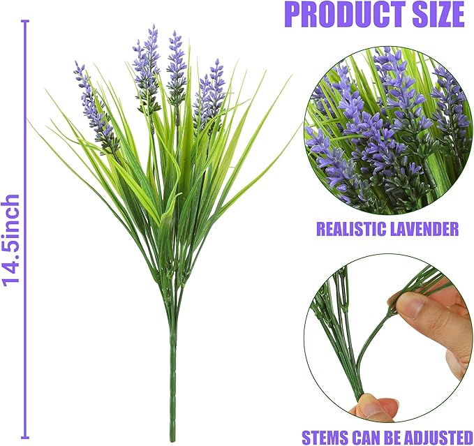 Sggvecsy 24 Bundles Artificial Plants Outdoor Faux Lavender Flowers Fake Monkey Grass UV Resistant Plastic Greenery Plants for Garden Home Porch Window Patio Hanging Planter Indoor Decor (Purple)