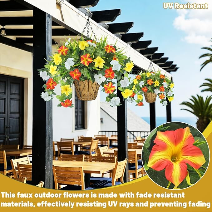 Artificial Flowers Hanging Baskets for Outdoors, 5PCS UV Resistant Faux Outdoor Plants, Fake Petunias Silk Flowers for Garden Balcony Yard Porch Decor (Yellow Orange White)