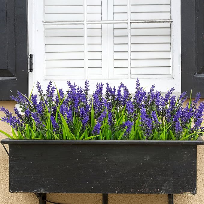 Bassion 24 Bundles Artificial Flowers for Outdoors, Fake Lavender Flowers with Monkey Grass UV Resistant Plastic Faux Plants for Outside Hanging Planter Window Box Garden Patio Front Porch Home Decor