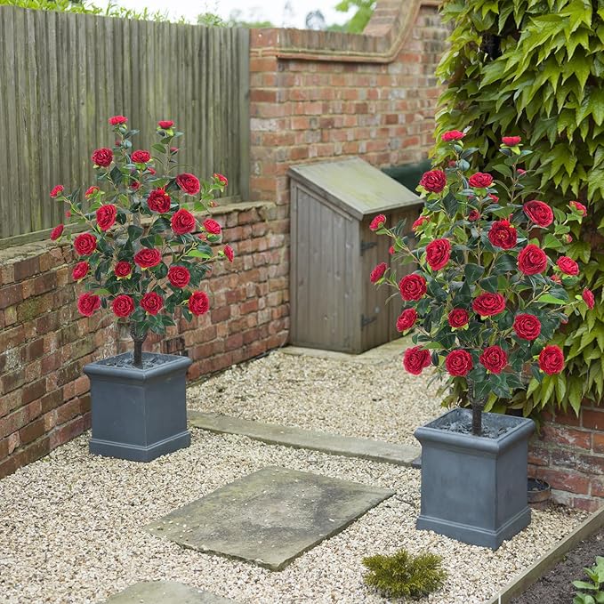 3.6FT Artificial Camellia Fake Tree, Artificial Plants & Flowers with 32 Red Flowers for Door Front Decoration Porch Patio Living Room Office Indoor Outdoor Decor (2PCS Contains Faux Moss)