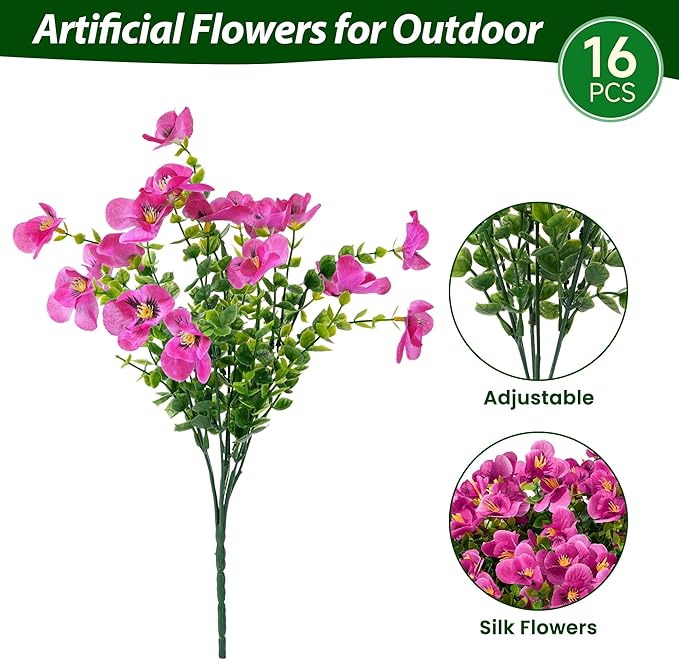 Artificial Flowers for Outdoor, UV Resistant Fake Silk Pansies Flowers, Realistic Faux Plants for Outside Indoor Porch Patio Window Box Planter Home Decor (16, Pink)