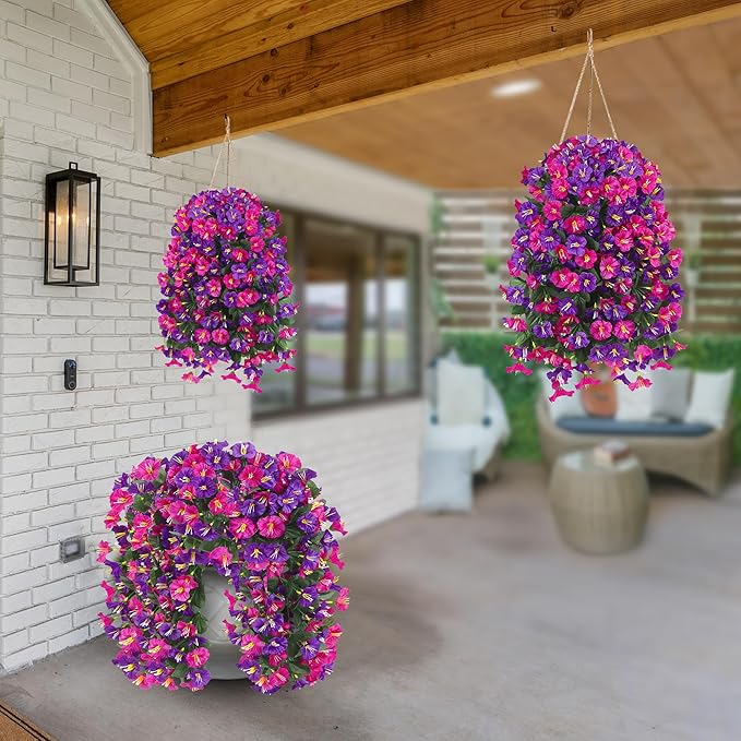 Artificial Fake Hanging Flowers Plants for Outdoor Outside Spring Summer Decoration 2PCS Faux Silk UV Resistant Realistic Morning Glory Trailing Vines for Home Porch Patio Balcony(Purple & Magenta)