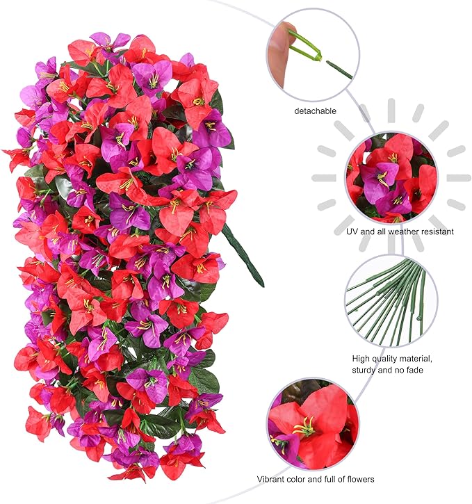 HyeFlora Bougainvillea Artificial Hanging Flowers Plants for Outdoors Decoration, 2pcs Fake Flowers Bougainvillea Vines Realistic UV Resistant Silk Flower for Outside Planter Porch Patio Yard Urn, Mix
