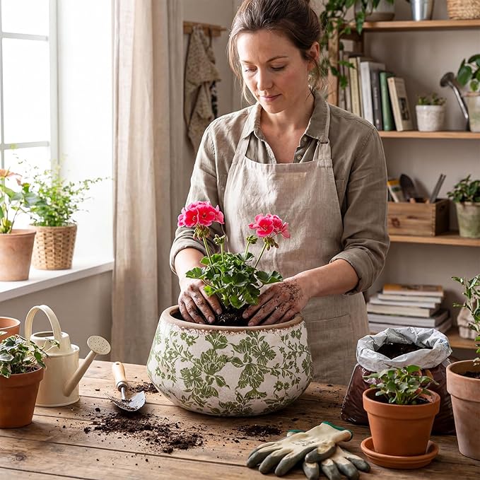 9.8 Inch Large Vintage Ceramic Planter Ice Crack Glaze Green Chrysanthemum Floral Flower Pot with Drainage Rustic Decorative Plant Pots Gifts for Home Kitchen Office Indoor Outdoor Plants