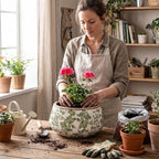 9.8 Inch Large Vintage Ceramic Planter Ice Crack Glaze Green Chrysanthemum Floral Flower Pot with Drainage Rustic Decorative Plant Pots Gifts for Home Kitchen Office Indoor Outdoor Plants