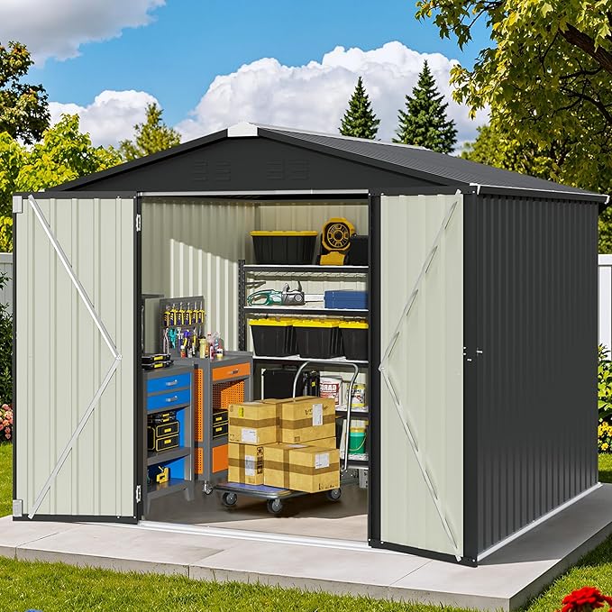 Patiowell 8x8 FT Outdoor Storage Shed, Garden Tool Storage Sheds with Sloping Roof and Double Lockable Door, Outdoor Shed for Backyard Patio Lawn, Black