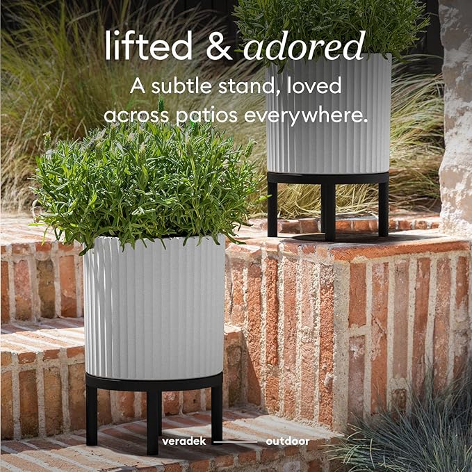 Veradek Demi Series Round Planter w/Stand for Porch/Patio | Durable Plastic-Stone Composite & Wooden Stand | Modern Décor for Tall Plants, Flowers