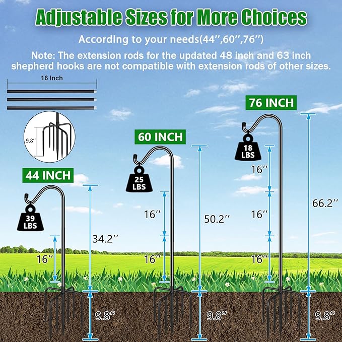 FEED GARDEN Shepards Hooks for Outdoor Bird Feeder Pole 76 Inch Adjustable Tall Heavy Duty Shepherds Hooks for Hanging Plant Baskets, Solar Lights, Wedding Decor, Lanterns, Black (2 Pack)