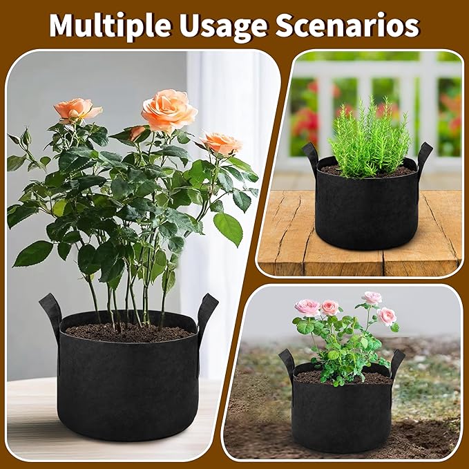6 Pack 1 Gallon Grow Bags, Heavy Duty 300g Nonwoven Fabric Plant Pots with Reinforced Handles, Breathable Potato Grow Bags for Vegetables, Herbs, Seedlings - Black