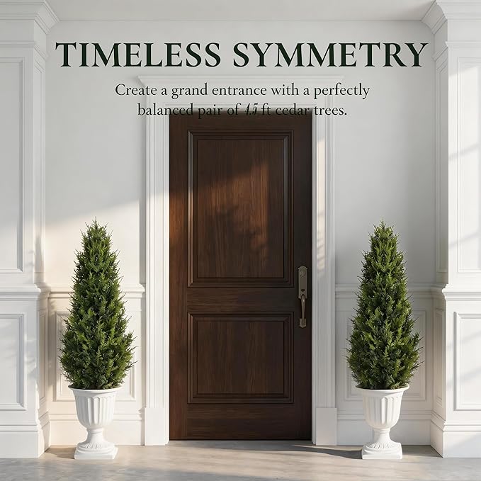 Realistic Artificial Cedar Tree with Planter Set of 2,Faux Topiary Cypress Plant for Home,Office,Living Room,Porch Indoor Outdoor Decor,No Maintenance Fake Evergreen Shrub (4.5FT White)