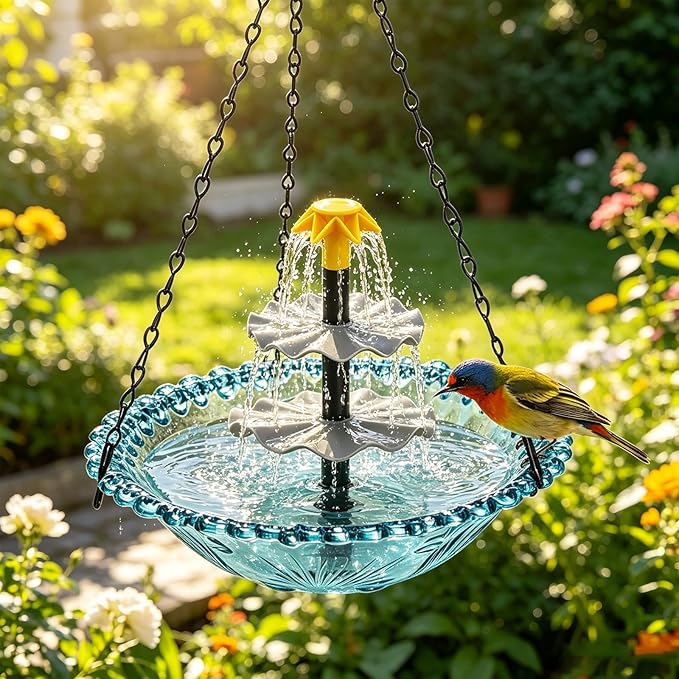 Solar Hanging Bird Bath Fountain - Upgraded 3-Tier Hanging Birdbath, Bird Baths for Garden Patio Yard Decor, Blue Outdoor Humming Birds Cascade Baths Fountains