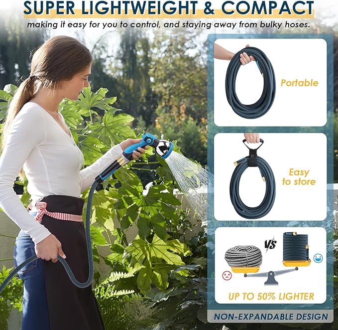 Non-Expandable Garden Hose 100 FT, Lightweight Hose with 10 Function Spray Nozzle, Kink-Free Flexible Water Hose, Durable, Leak-Proof, 360° Swivel Connectors, Portable Storage Strap