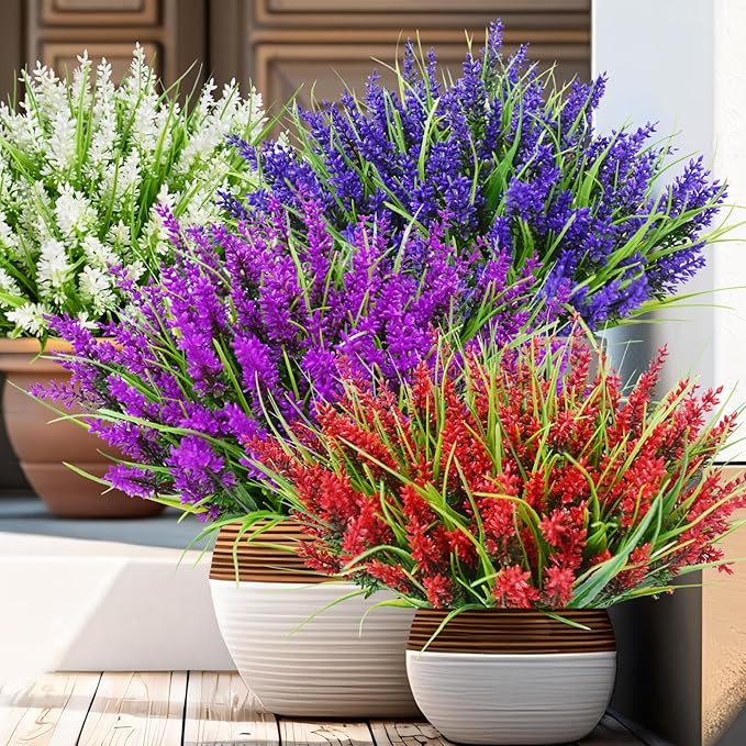 Kinisty 20 Bundles Outdoor Artificial Plants and Flowers, UV Resistant Faux Monkey Grass with Lavender and Fake Plastic Greenery for Spring Summer Outside Planter Porch Garden Decor, Fuchsia