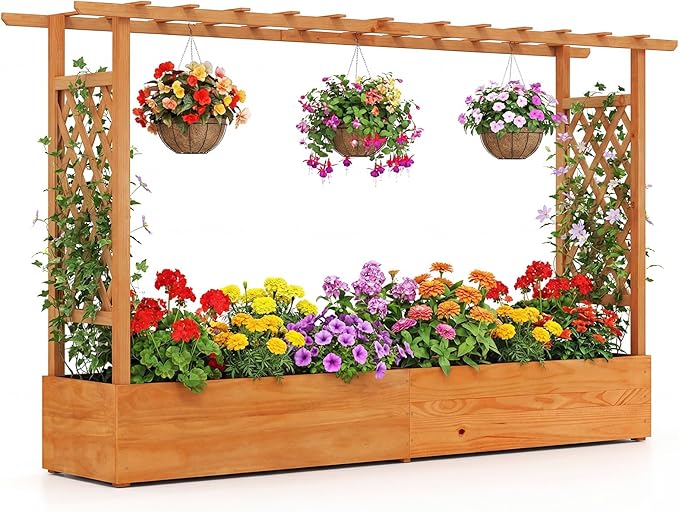 BECOMFORT Raised Garden Bed with Trellis & Hanging Roof, 45" Tall Fir Wood Planter Box with Drainage Holes, Outdoor Elevated Garden Planter for Climbing Vines (Orange, 79" Lx17.5 Wx45 H)