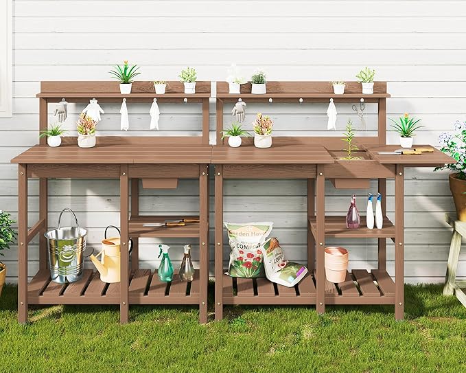 SERWALL Outdoor Potting Bench with Removeable Sink,Rot-Resistant HDPE Potting Table for Outside Gardening, All Weather Use - Brown