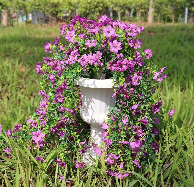 Artificial Hanging Flowers for Outdoors, 4 Pack Fake Hanging Plant for Spring Summer Decor, UV Resistant Faux Silk Flower for Planter Porch Patio Balcony Yard Decoration (Light Purple)