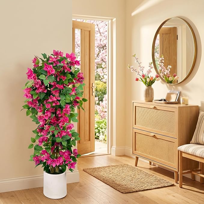 5FT Artificial Bougainvillea Tree,Fake Plants Fake Flowers,Silk Floral Plant in Black Pot,Faux Tree UV Resistant for Spring Decor Living Room,Porch, Garden, Indoor & Outdoor