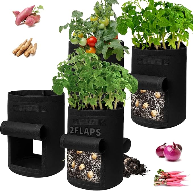 4-Pack 15-Gallon Grow Bags with 2 Flaps and Reinforced Handles,Non-Woven Potato Grow Bags, Heavy-Duty Thickened Aeration Fabric Pots for Potatoes, Tomatoes, Flowers, and Vegetables