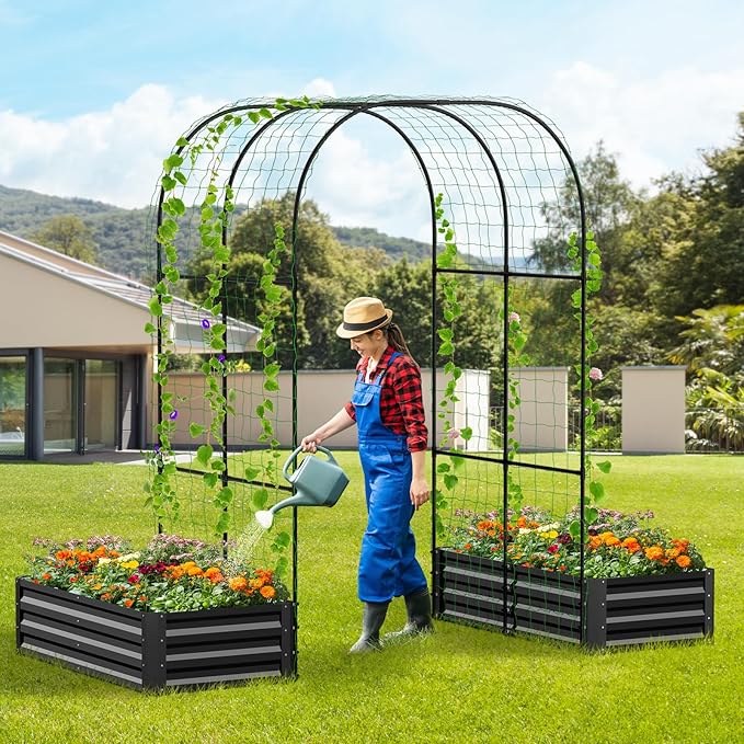3 in 1 Galvanized Raised Garden Bed with 87" H Arch Trellis for Climbing Plants, Outdoor Gardening Planter Box with Climbing Net for Flower Vegetables Fruits Herbs, Black
