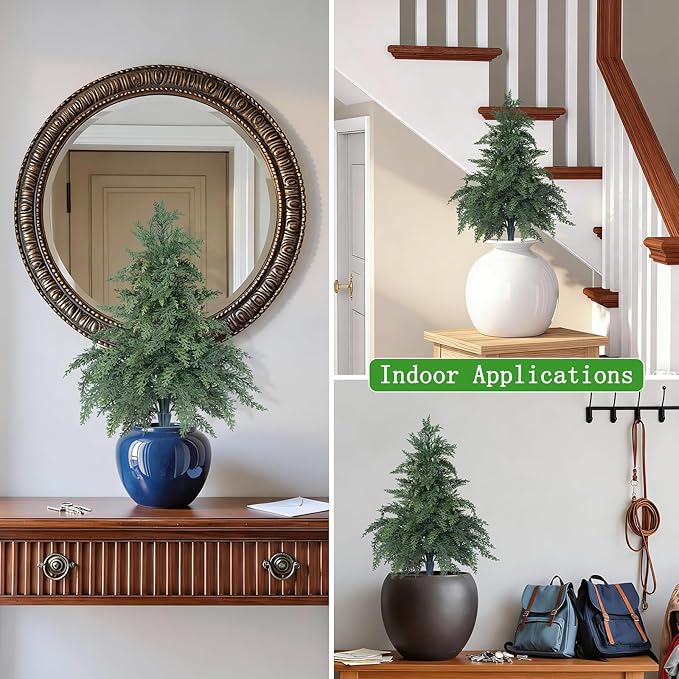 Yangrass 2 Pack 24" Cypress Topiary Trees Artificial Outdoor with Ground Spike, UV Resistant Fake Shrubs Bushes Faux Cedar Pines Trees, Real Touch Faux Evergreen Plants for Home Front Porch Garden