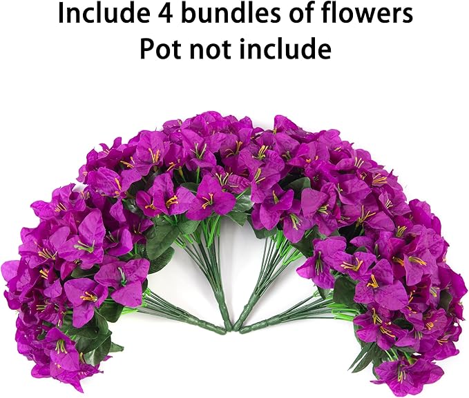 Fake Bougainvillea Artificial Flowers for Outdoors Spring Summer Decor, 4PCS Bougainvillea Outdoor Faux Plants Realistic Silk Flowers for Outside UV Resistant for Planter Patio Window Garden, Purple