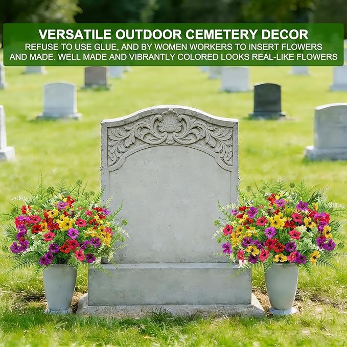 Artificial Flowers for Outdoors, UV Resistant No Fade 16 Bundles 7 Styles Fake Flowers Outdoor Faux Plant Colorful Daisy Boston Fern Lavender Cemetery Flowers for Outside Porch Patio Indoor Home Decor