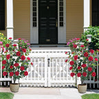 3.6FT Artificial Camellia Fake Tree, Artificial Plants & Flowers with 32 Red Flowers for Door Front Decoration Porch Patio Living Room Office Indoor Outdoor Decor (2PCS Contains Faux Moss)