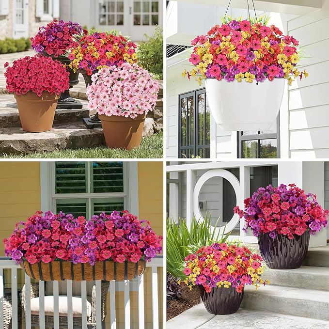 24 Bundles Artificial Flowers for Outdoors, Realistic Fake Silk Flowers for Outside Decoration, No Fade Faux Plants Outdoor Planter Window Box Porch Patio Decor(Purple+Rosy red)
