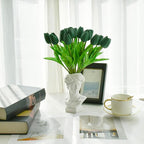 Mandy's Dark Green Artificial Tulips Flowers Centerpiece, 13.5" Lifelike PU Fake Floral Stems 20pcs for Kitchen Island & Dining Table, Spring Decor for Easter