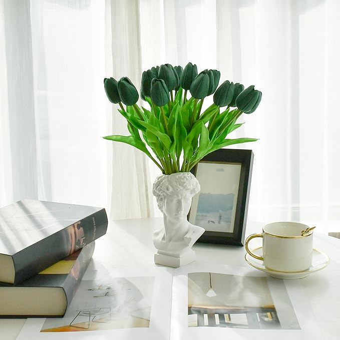 Mandy's Dark Green Artificial Tulips Flowers Centerpiece, 13.5" Lifelike PU Fake Floral Stems 20pcs for Kitchen Island & Dining Table, Spring Decor for Easter