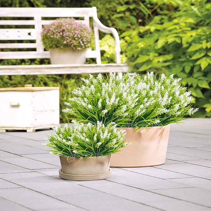 obbsie 12 Bundles Artificial Plants Outdoor, 18.2" UV Resistant Faux Monkey Grass Greenery Stems No Fade Faux Plastic Flowers Shrubs for Home Weddings Garden Porch Front Patio Office Decor- White