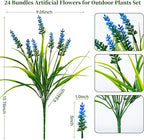 Artificial Flowers for Outdoor Plants 24 Bundles Fake Lavender Plastic Faux Monkey Grass for Verandah Window Garden Office Patio Front Porch UV Resistant for Planter(Blue)
