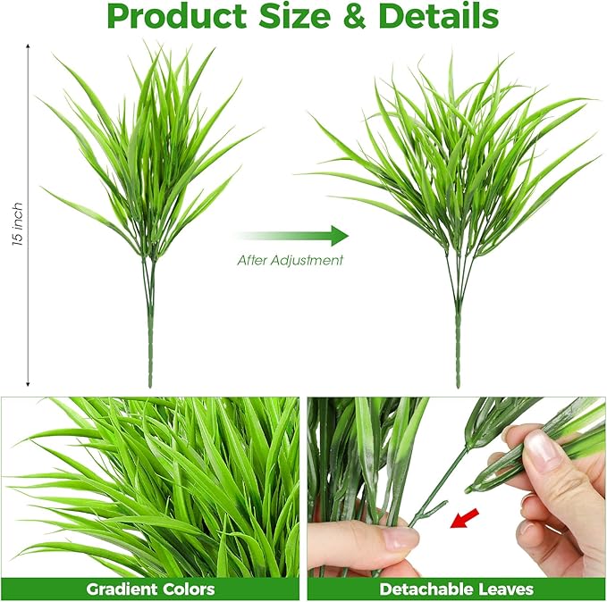 16 Pcs Artificial Plants Outdoor Fake Grass Faux Greenery Stems UV Resistant Plastic Plants Shrubs for Planters Patio Garden Front Porch Pathway Spring Summer Home Decor, Green