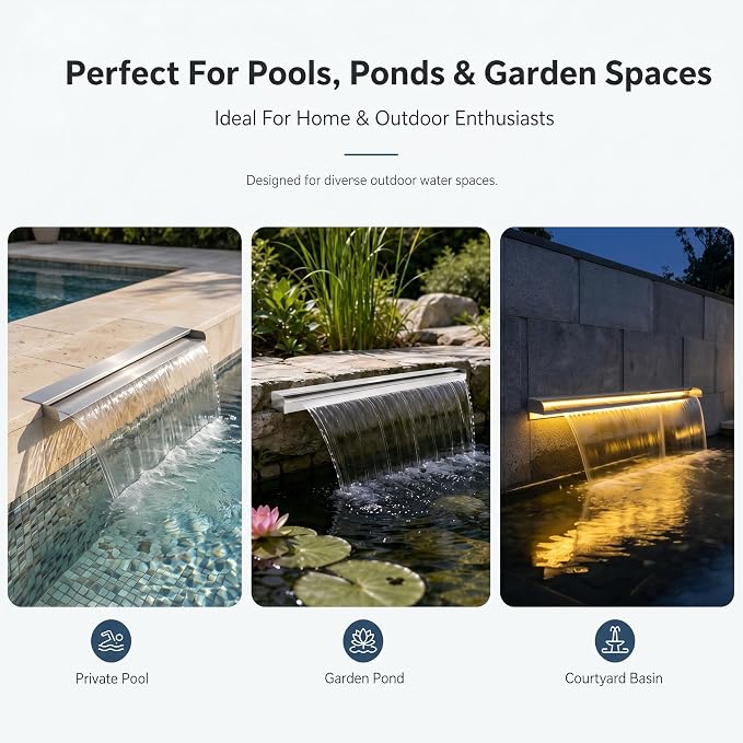 Stainless Steel Pool Fountain Waterfall Sheer Descent, 35.4 Inches Spillway for Swimming Pool, Outdoor Garden Pond, Patio & Backyard Water Feature Decoration(35.4")