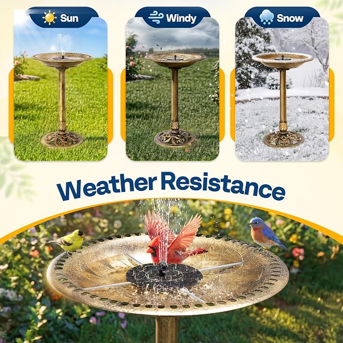VIVOHOME Bird Bath with Solar Fountain for Outside, Polyresin Pedestal Bird Baths with Solar Powered Pump for Outdoor, Garden, Weather-Resistant Birdbaths with 20" Bowl, Golden