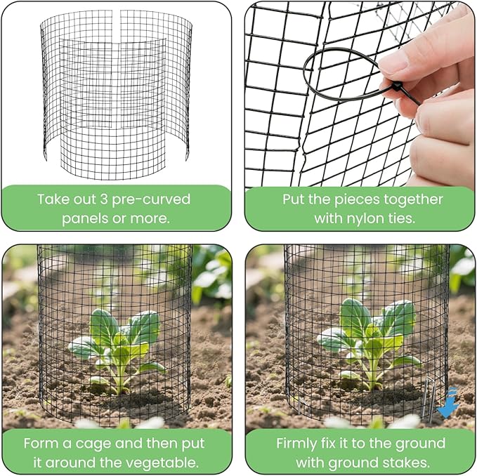 Hacaroa 12 Pack Wire Plant Protectors from Animals, 14"x13.5" Mesh Plant Protection Cage Chicken Wire Cloche, 36 Pcs Pre-Bent Panels, 40 Ground Stakes, 120 Nylon Ties, for Flowers, Shrubs, Dark Green