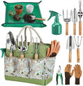 Gardening Tools 10 Pack Heavy Duty Rust-Proof Garden Tool Set with Organizer Tote Bag,Sturdy Repotting Mat,Gardening Gifts for Women Mom(Green)